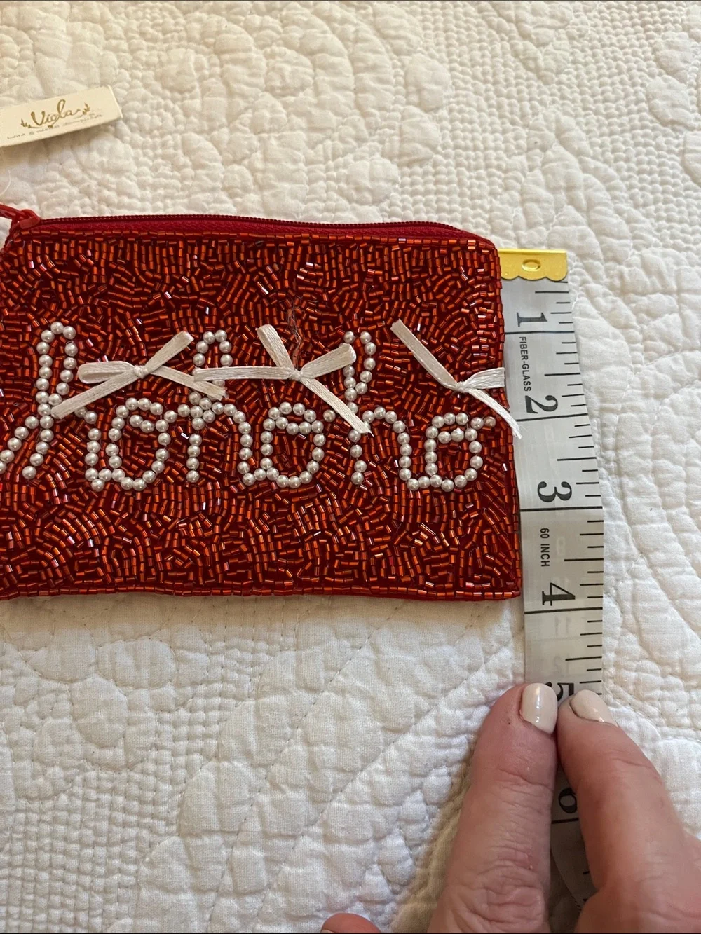 Viola Beaded Red Christmas “Hohoho” Wristlet Pouch with Pearl Accent: Super Cute